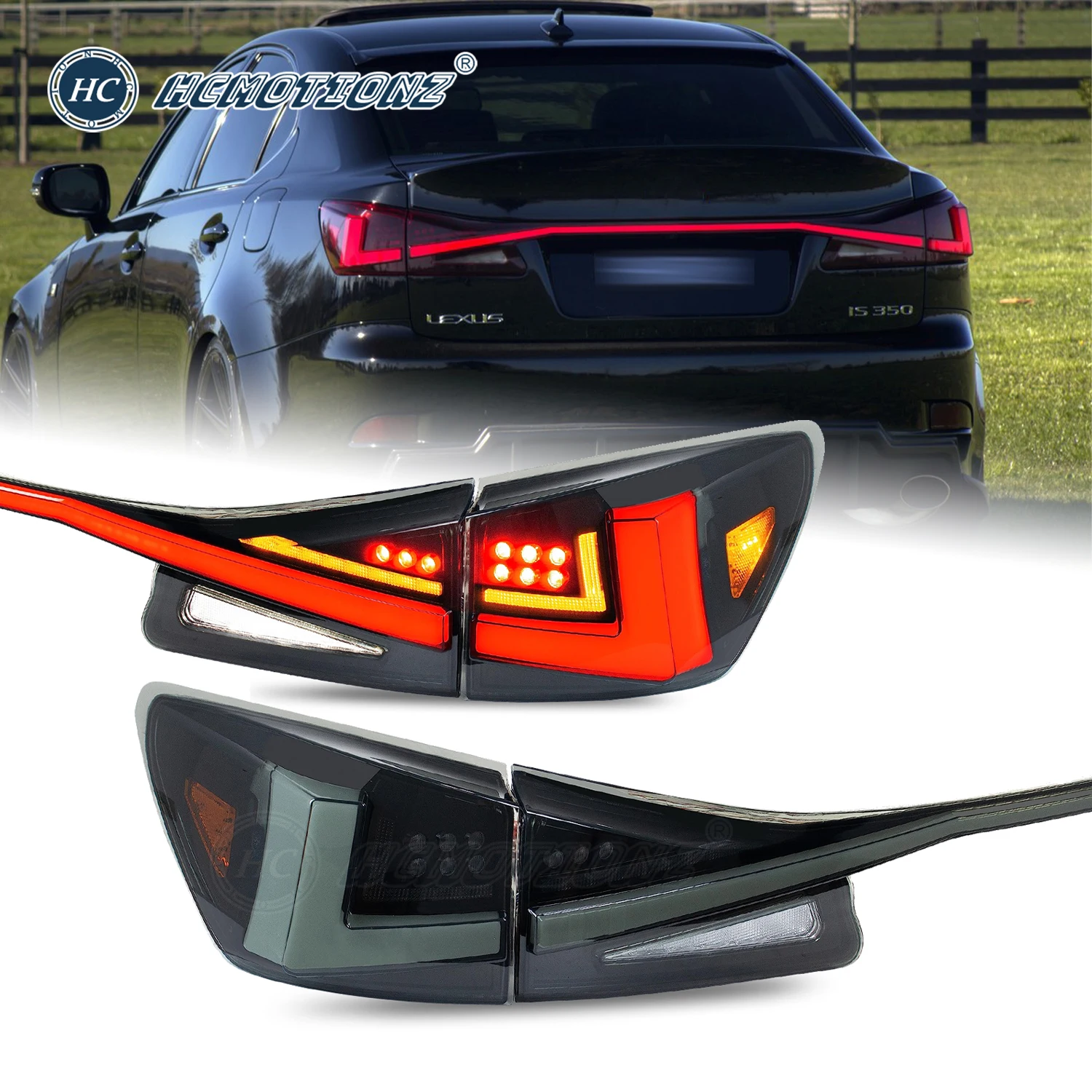 HCMOTIONZ NEW Design LED Tail Lights for Lexus IS 2006-2012 DRL Rear Lamps Assembly IS250 IS350 ISF IS300 220d with Middle Lamp
