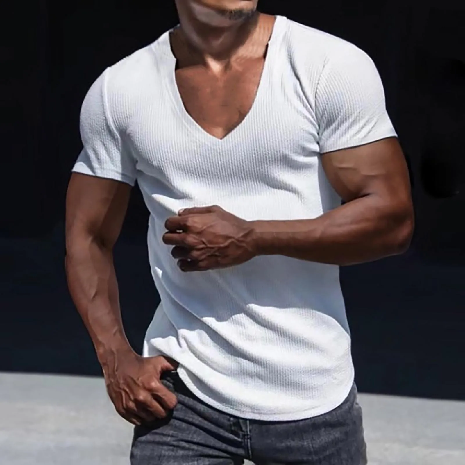 Mens Knitted T-Shirts Stylish V-Neck Short Sleeved Slim Tee Tops Classic Solid Color Muscle Bodybuilding Tees Leisure Streetwear