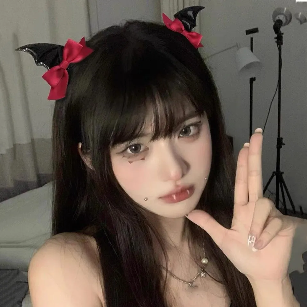 2 Pcs Cute Bow Halloween Hairpins Y2K Gothic Style Devil Horn Hair Clips Headwear Lolita Style Bat Wings Hair Clips Spicy Girl