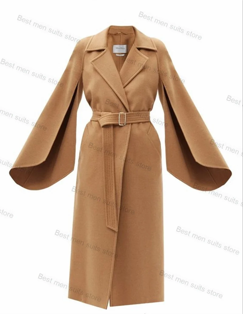 Camel Wool Cashmere Women Suit 1 Piece Long Overcoat Split Sleeves Winter Wedding Customized Formal Office Belt Jacket Coat