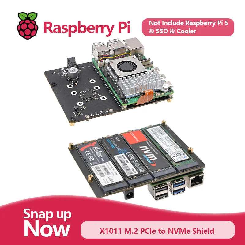 

Geekworm X1011 PCIe to NVMe Shield поддерживает четыре твердотельных накопителя NVMe 2280/2260/2242/2230 M.2 для Raspberry Pi 5