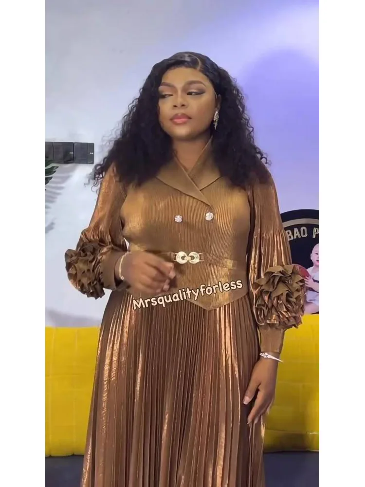 EGRM – robe plissée Chic pour femmes, imprimé feuille d'or, haut de gamme, col cranté, cravate, Design floral, faux deux pièces, 7R5809