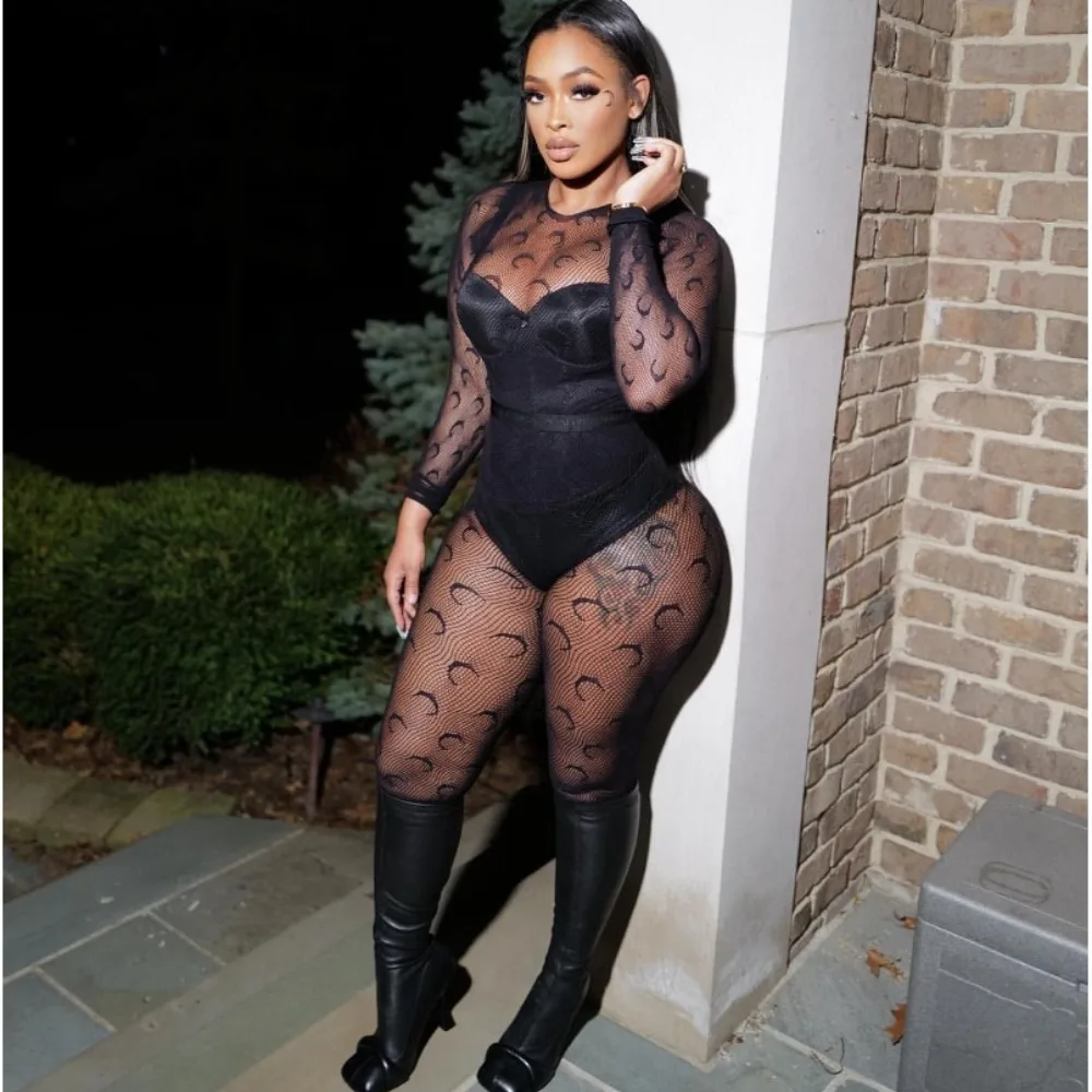 FAGADORE Sexy Mesh Perspective Printing Bodycon Nightclub Two Piece Sets Women Round Neck Long Sleeve Top + Skinny Pants Outfits