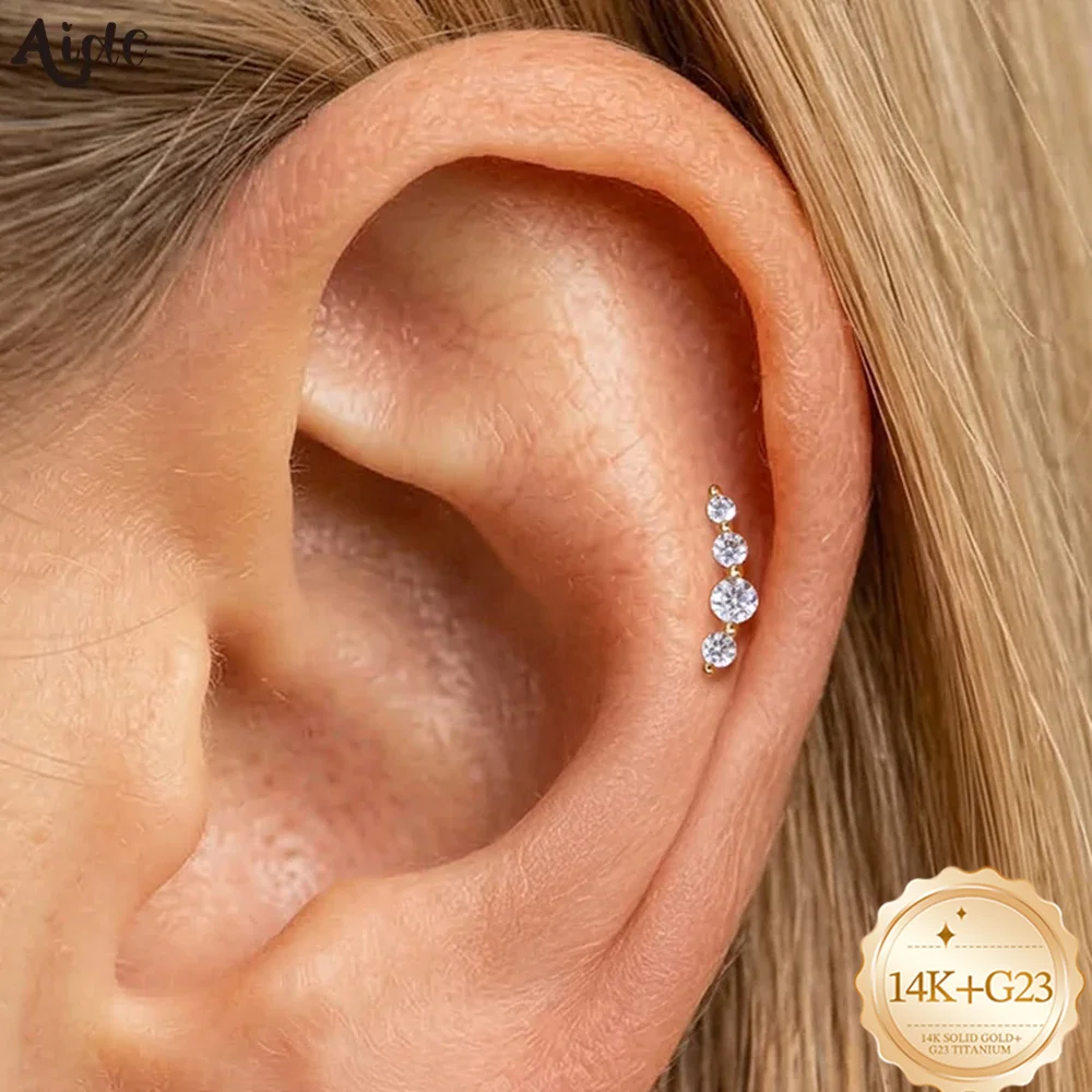 Aide 1pc 14K Solid Gold Graduated CZ Vertical Cartilage Studs Dainty 5-Stone Bar Piercing Earring for Women Trendy Helix Earring