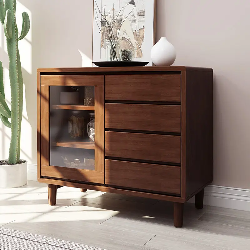 Modern European Nordic solid wood dining side cabinet Japanese simple home furniture kitchen storage sideboard glass door