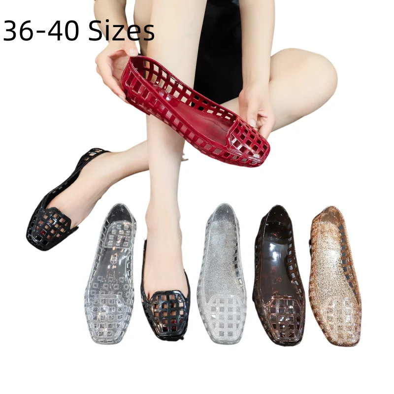 Mum Holes Shoes Square Toe Wide Fitting Slip-On In Coffee Gold Silver PVC Mary Jane Flats Breathable Plain Sparkly Chaussure 40