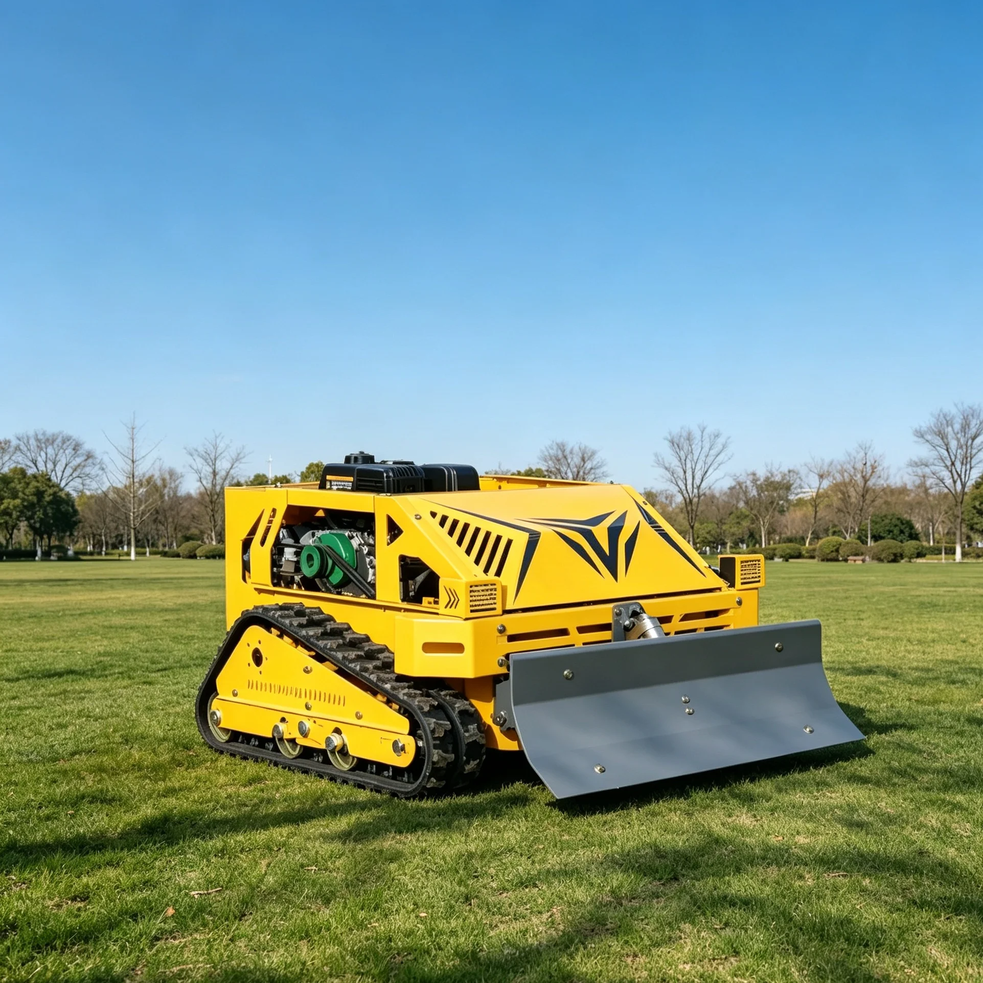 Customized for steep slope orchard maintenance, this RC lawn mower robot adopts crawler tracked 4-stroke power with GPS