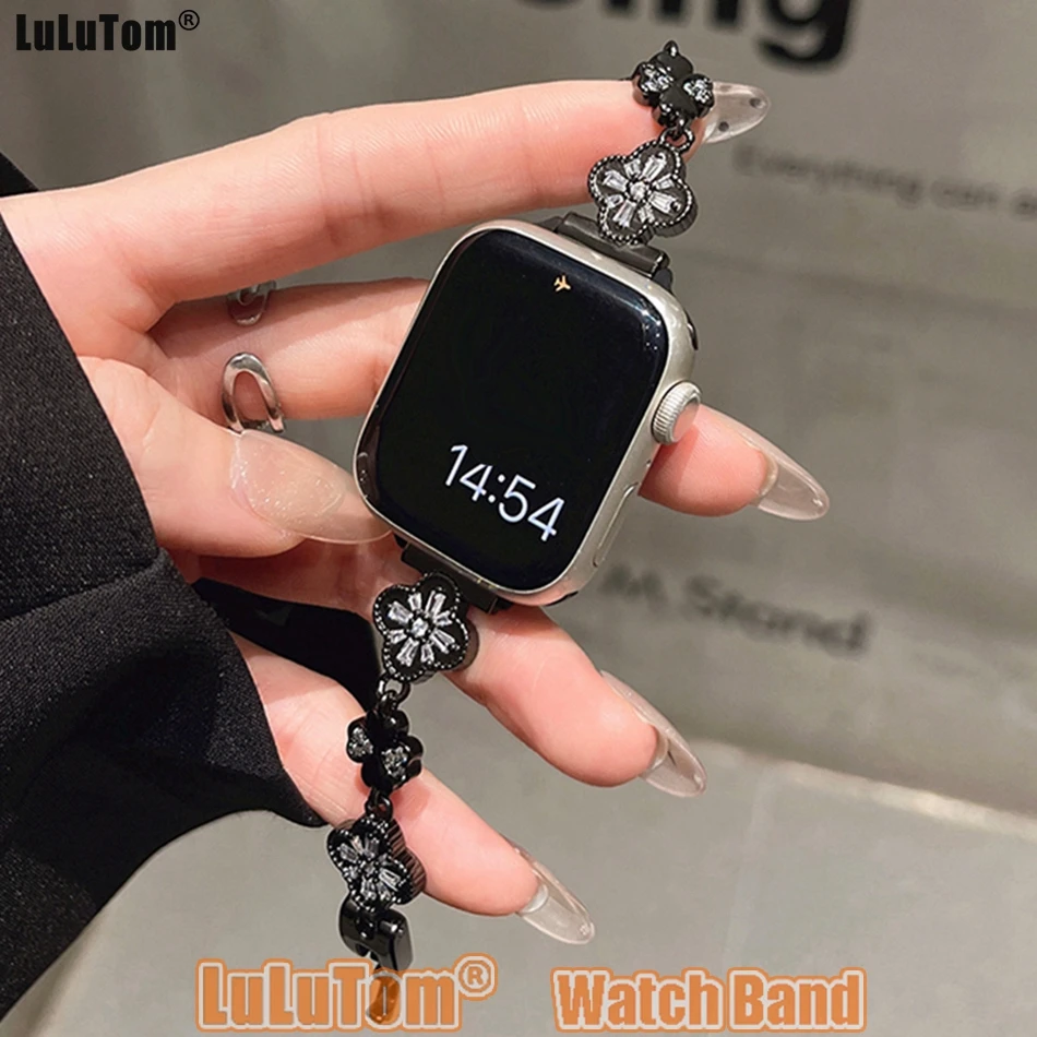 Zircon Fireworks Four Leaf Clover Strap For Apple Watch Band 38 40 41 44 42 45 49mm Bracelets iWatch Series 9 8 7 6 5 4 SE Ultra