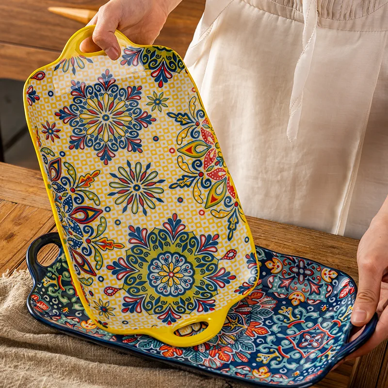 Platos de Cena Bohemios Binaurales, Plato de Cerámica Rectangular Grande, Plato de Pescado, Plato de Sushi de Cerámica para el Hogar, Cocina, Restaurante, Regalo