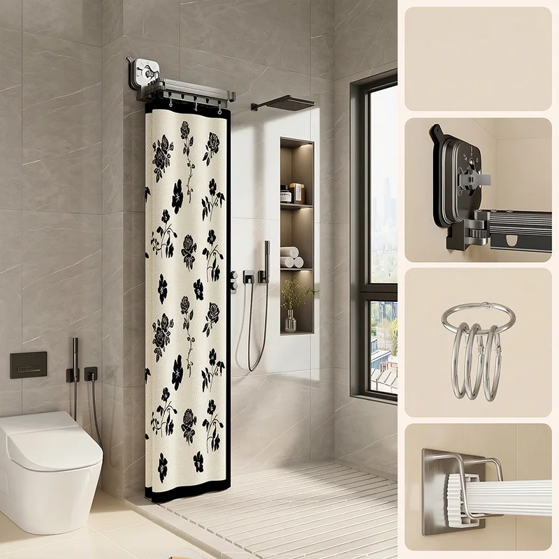 Suction Cup OR Adhesive Folding Shower Curtain Waterproof Bathroom Partition Curtain Retractable Wet Dry Separation Bath Curtain