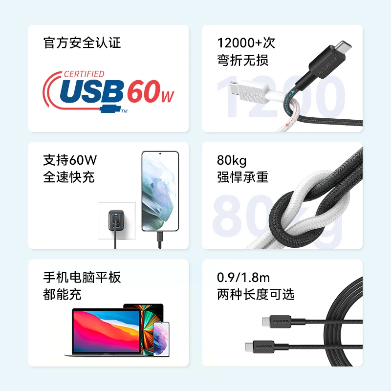 On Sale Anker 322 USB C to USB C Cable Fast Charge 60W Data Tansfer Braid for iphone 15 pro max Xiaomi Samsung Oneplus OPPO