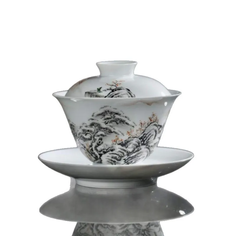 Purely handmade, ceramic tea set pastel snow scene Kung Fu tea set hand painted pastel master cup Sancai cover bowl cup