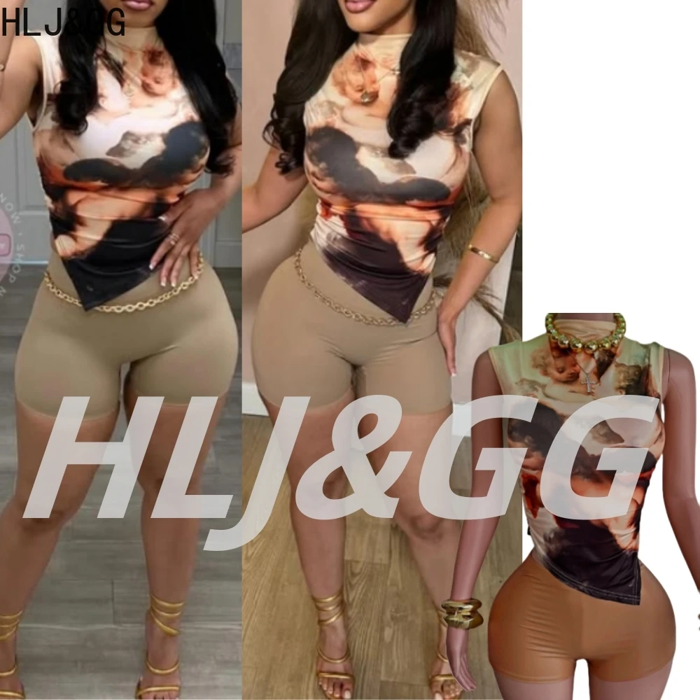 

HLJ&GG Fashion Pattern Print Irregular Tank Top Two Piece Sets Women O Neck Sleeveless Slim Vest and Shorts Outfits Streetwear