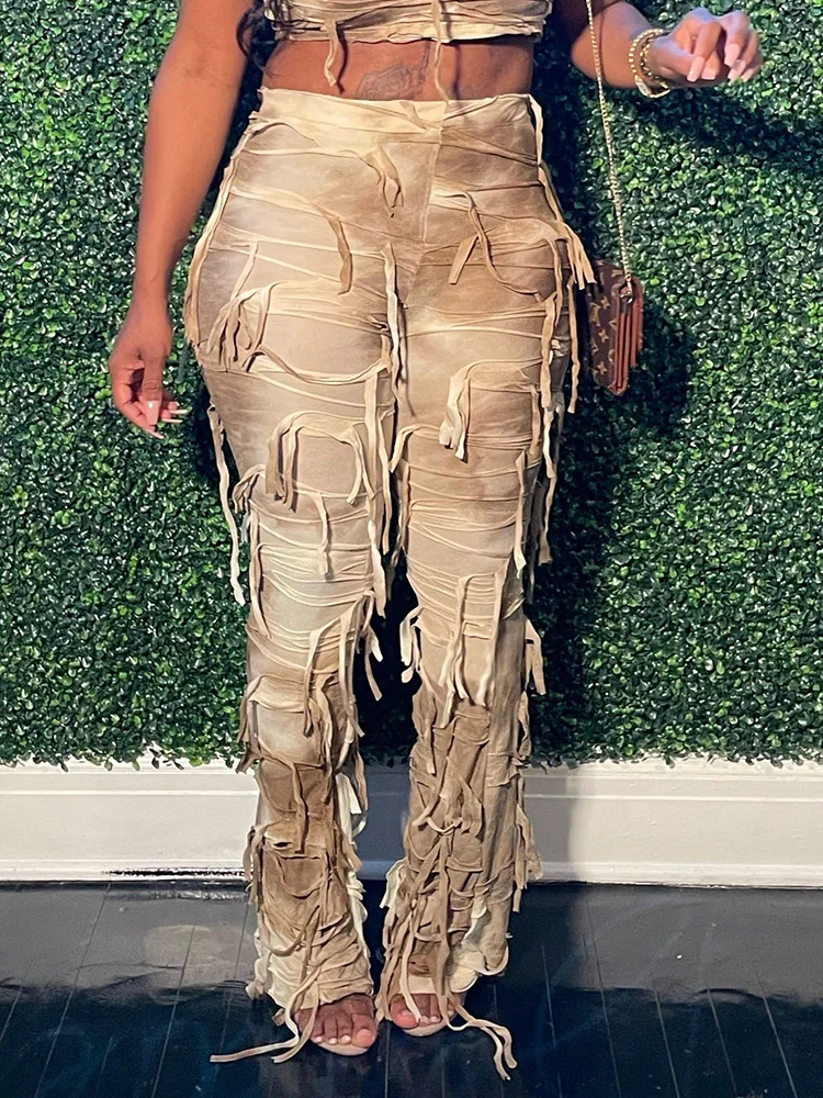 Sexy Streetwear Tie Dye Print Tassel Stacked Pants Women 2026 Autumn Fashion High Waisted Flare Bell Bottom Trousers Club Outfit