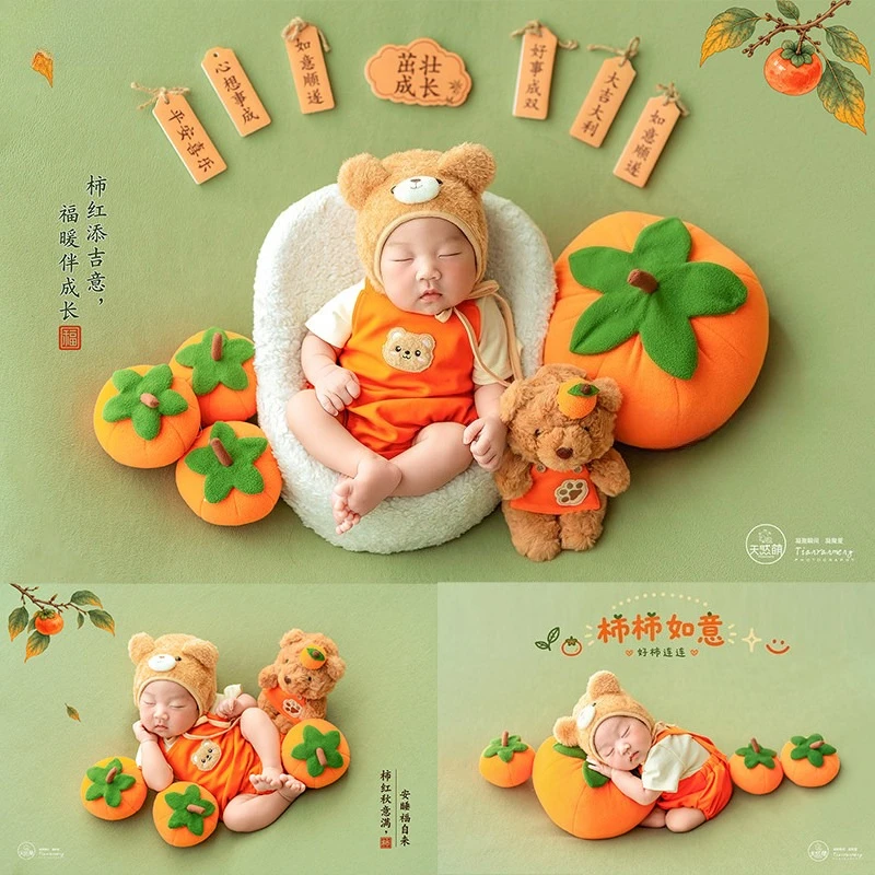newborn-photography-props-autumn-blessing-themed-backdrop-outfit-hat-persimmon-decors-for-baby-studio-photoshoot-accessories