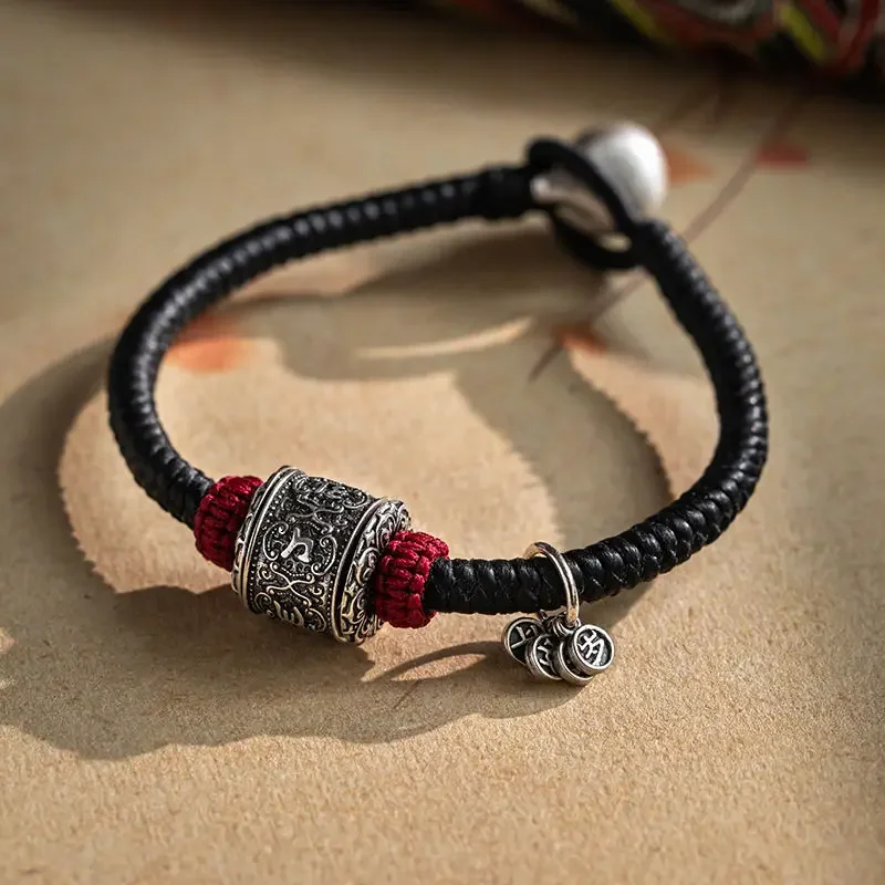 

Hand-Woven Tibetan Carrying Strap Sterling Silver Six Words Mantra Dragon Year Animal Year Couple Bracelet Retro Style Ornament