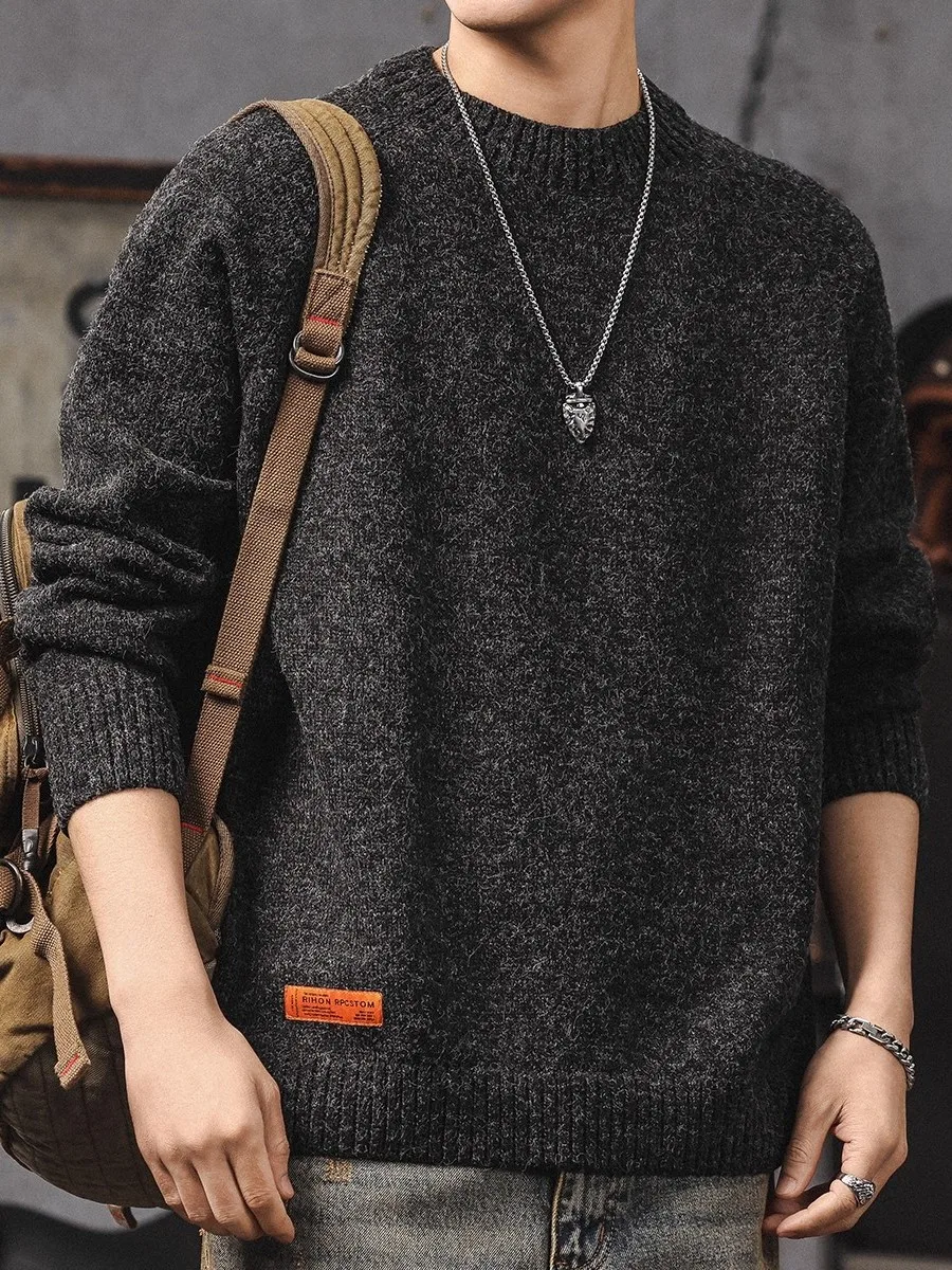 

Мужской вязаный свитер свободного кроя с круглым вырезом, утепленный, в ретро-американском стиле, для зимы, повседневная верхняя одежда, комфортный и теплый, модный.