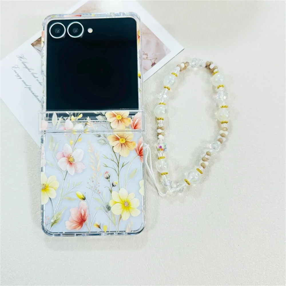 Elegant Retro Warm Tone Yellow Flower Print Clear Phone Case for Samsung Galaxy Z Flip 7-3 Crystal Bead Strap Protective Cover