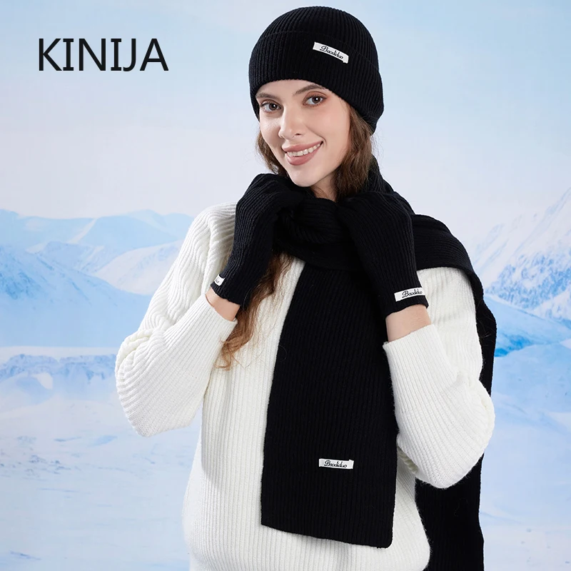 3pcs Winter Knitted Hat for Women Scarf Gloves Set Burgundy Comfortable Soft Casual Warm Hat Set Outdoor Windproof Riding Set