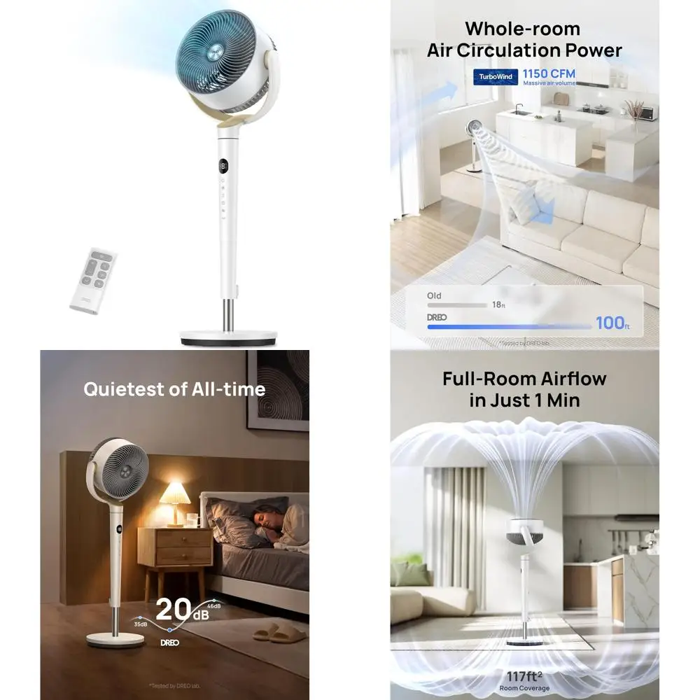 

Сверхтихий 120 ° Осциллирующий напольный вентилятор с 9 скоростями, 4 режимами, регулируемой высотой, таймером, белый