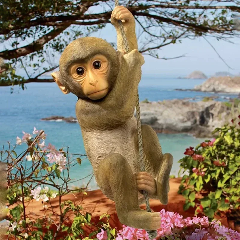 Garden Animal Hanging Baby Monkey Tree Climbing Resin Crafts Statue Home Decoration Accessories Garden Green Plant Resin Pendant