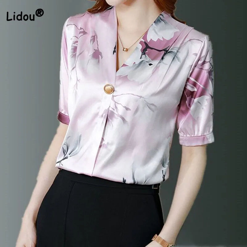 Summer Fashionable Printed V-Neck Blouse Womens Clothing 2023 New Korean Casual Commute Short Sleeve Loose Shirt for Female