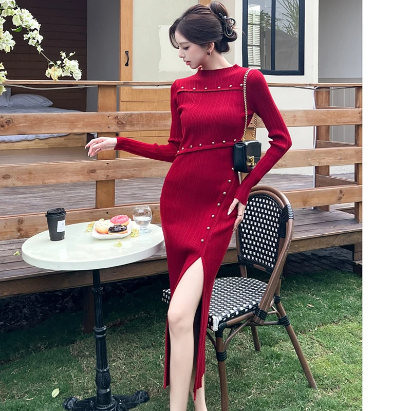 Nova chegada feminina primavera rio vestido de festa de malha elegante senhora do escritório split bodycon camisola vestido vestidos