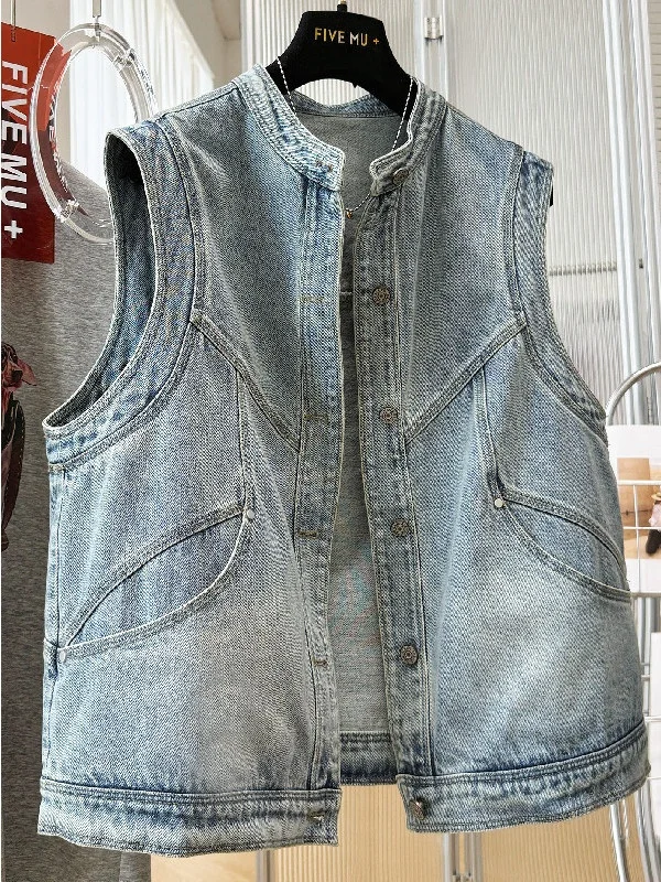 

plus Size Women's Denim Jacket 300 Pounds Stand Collar Vest Outerwear Spring Autumn Retro Hong Kong Style Casual Loose Fit