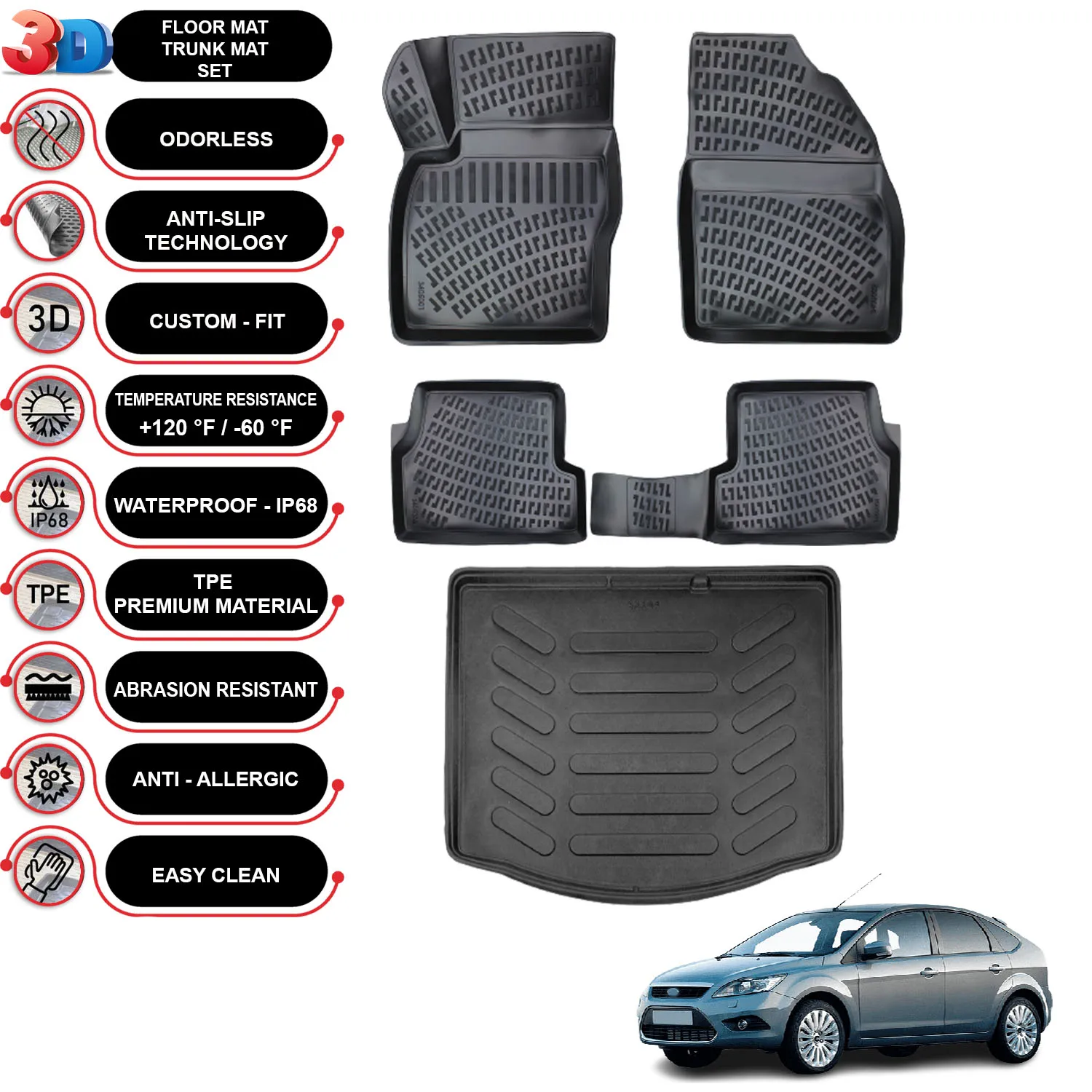 Ford Focus 2 HB - (2005-2010) - Floor Mats + Cargo Trunk Liner - SET - (Black)