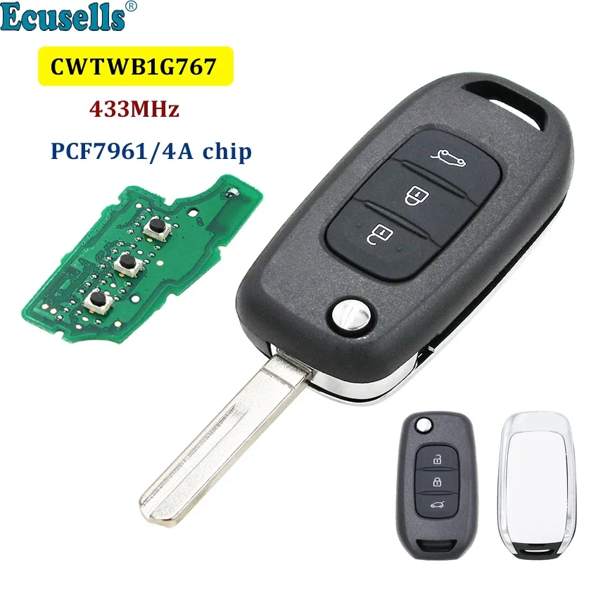 

3 Buttons Flip Remote Key PCF7961 4A Chip for Renault Kadjar Captur Megane 3 Symbol 2013-2017 433MHz CWTWB1G767