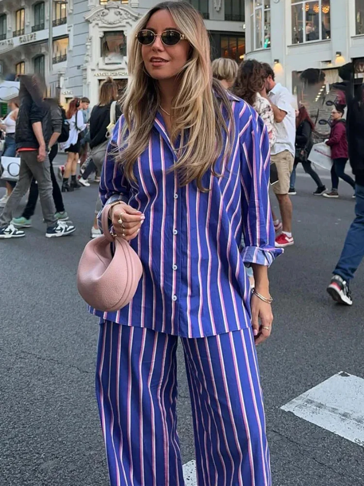 ZBZA Women\'s Oversized Striped Shirt Pants Suit Lapel Long Sleeves Top High Elastic Waist Pockets Straight Leg Pant Female Set