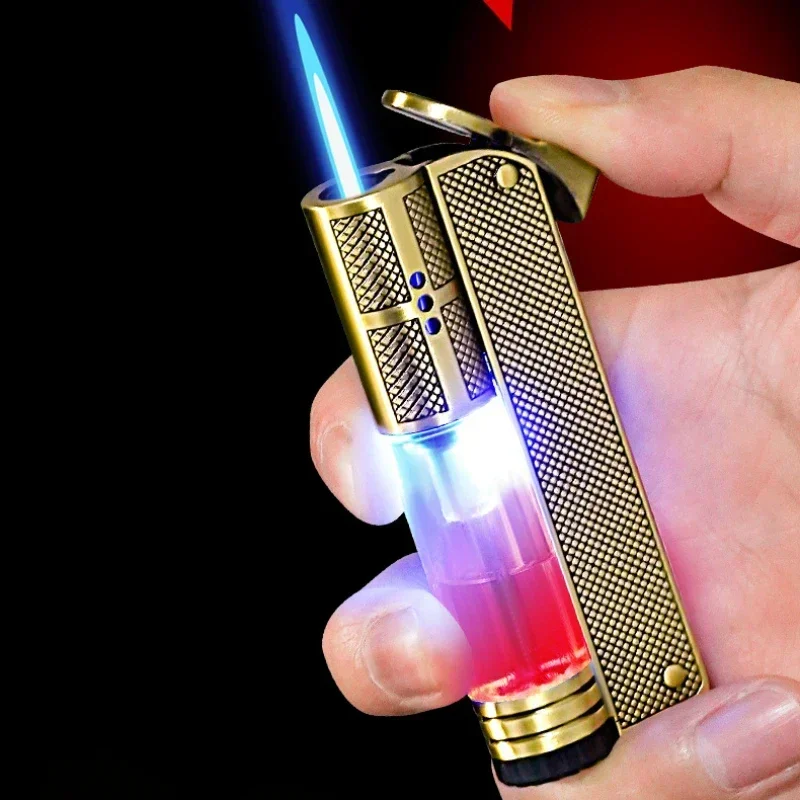 Butane Gas Lighter Blue Flame Transparent Gas Chamber Color Light Shines Straight Charge Inflatable Lighter Outdoor BBQ Survival