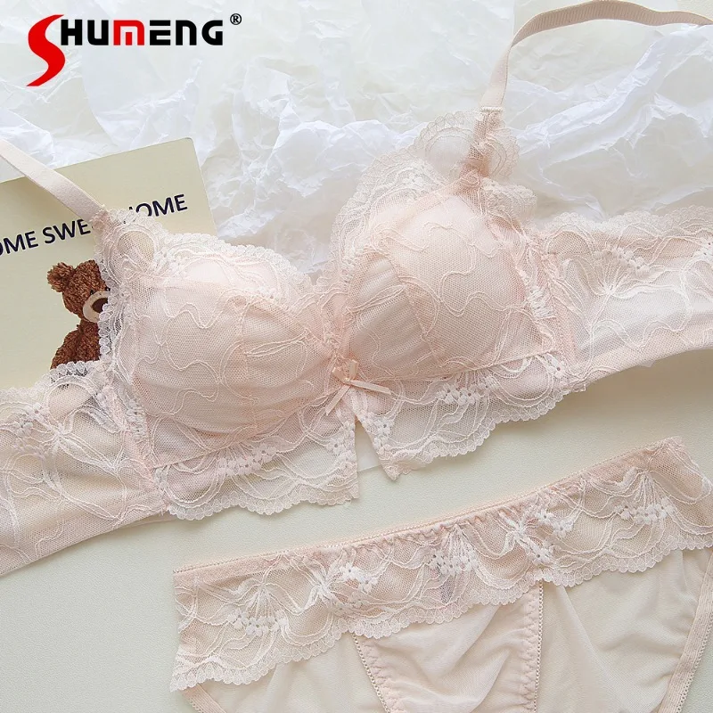 لطيف الرغبة النقية الملابس الداخلية للنساء اللاسلكية الصغيرة الصدر رفع مجموعات موجز الإناث النمط الياباني الدانتيل مثير الصدرية البدلة