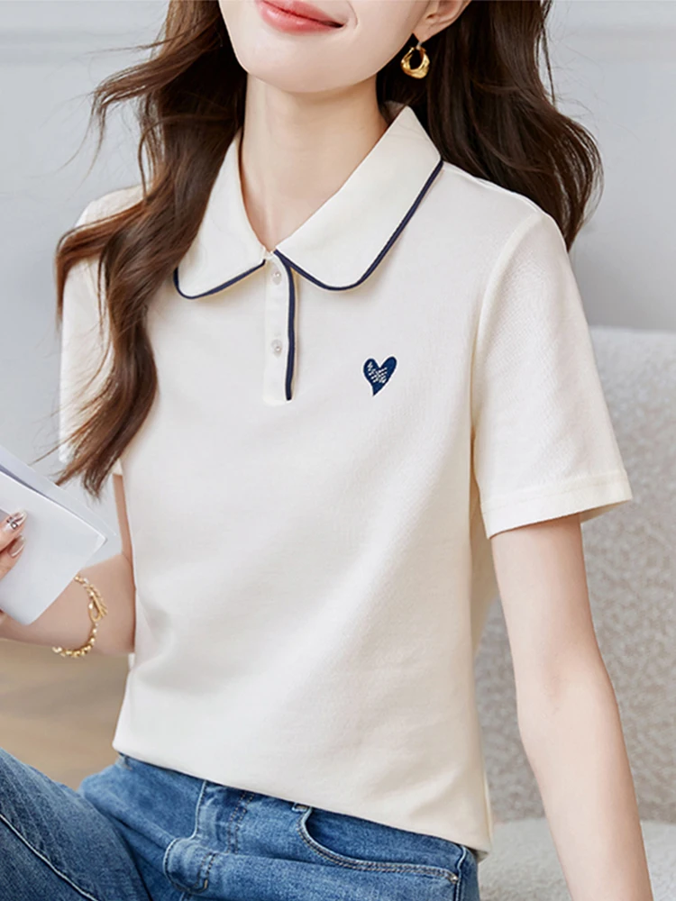 

Новая женская летняя футболка из чистого хлопка с вышитым сердцем, универсальная, с отложным воротником, короткий рукав