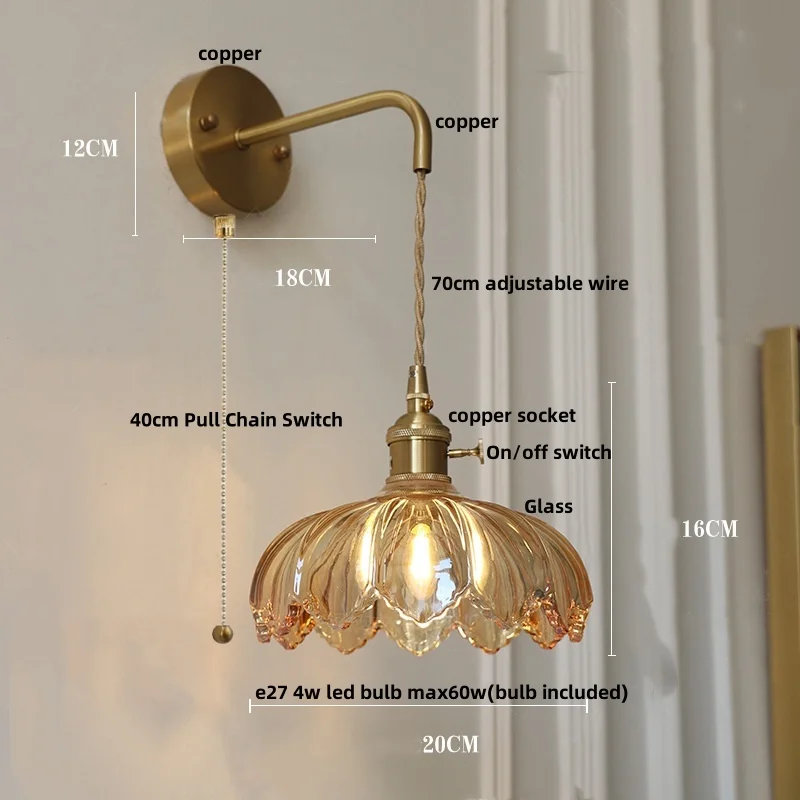 IWHD Amber Coffee LED Wall Lamp Sconce Study Kitchen Porch Flower Glass Loft Vintage 70cm Wire Adjustable Bathroom Mirror Light