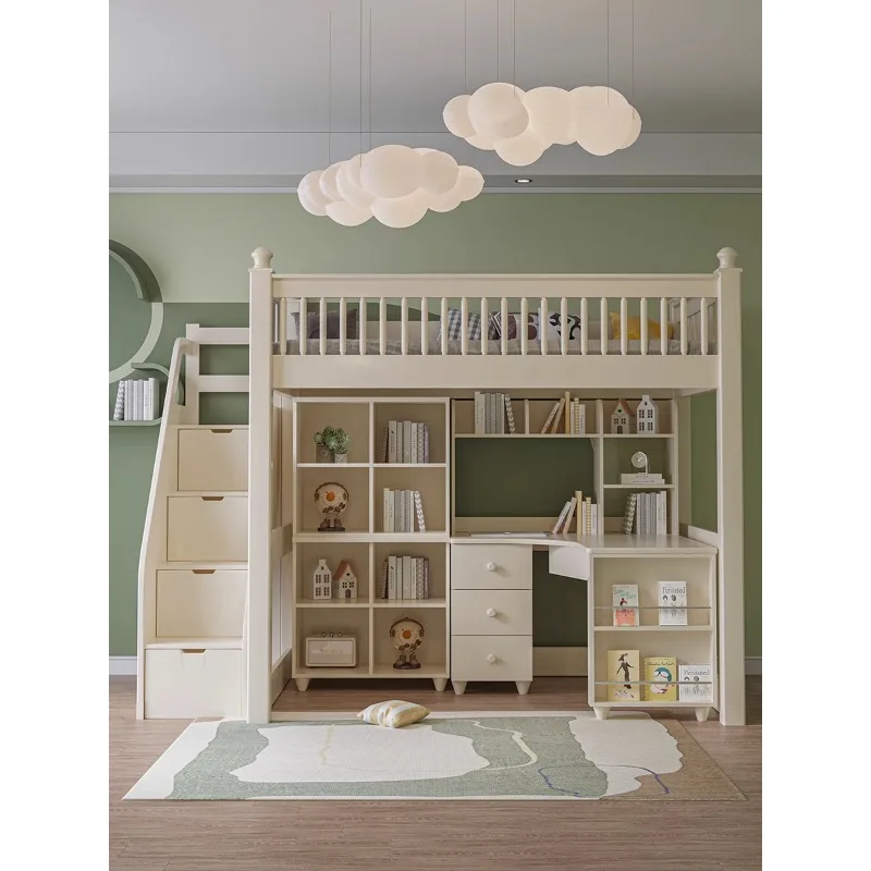 Solid wood upper and lower beds with wardrobe, multifunctional elevated bed, bed and table, small family children's bed, desk, a