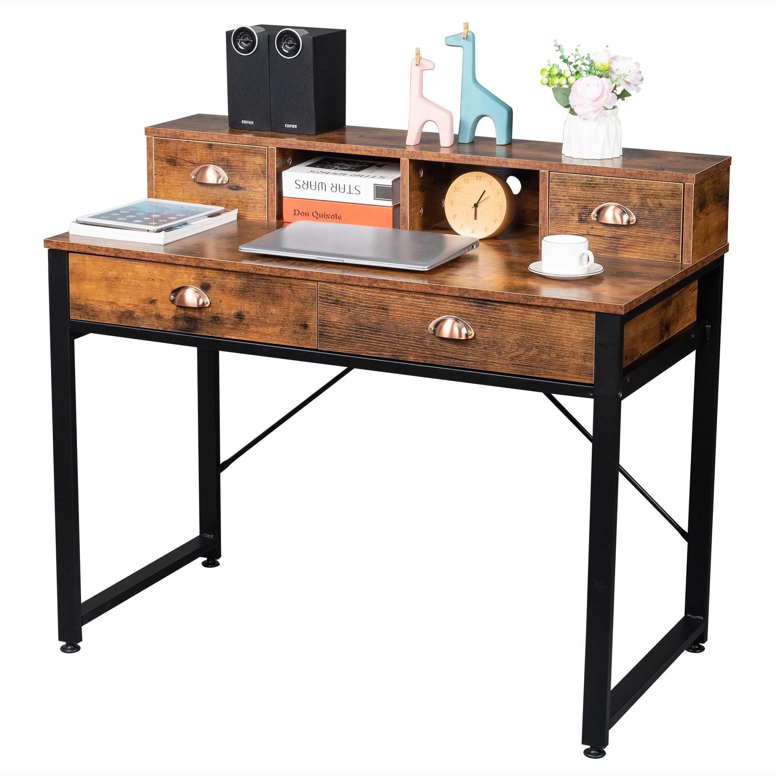 106*54*90cm Old Wood Table Top Black Steel Frame Particle Board Two Small Drawers Two Large Drawers Computer Desk Can Be Used Fo