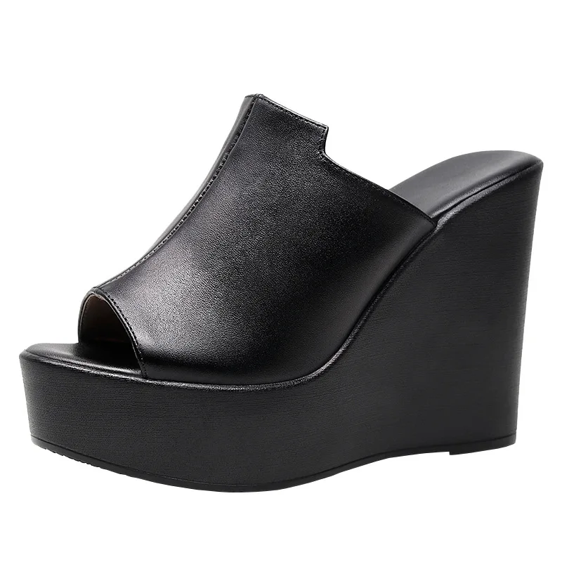 

Летние тапочки на танкетке из натуральной кожи, женская обувь для женщин, женские сандалии на платформе с открытым носком, размер 33-43