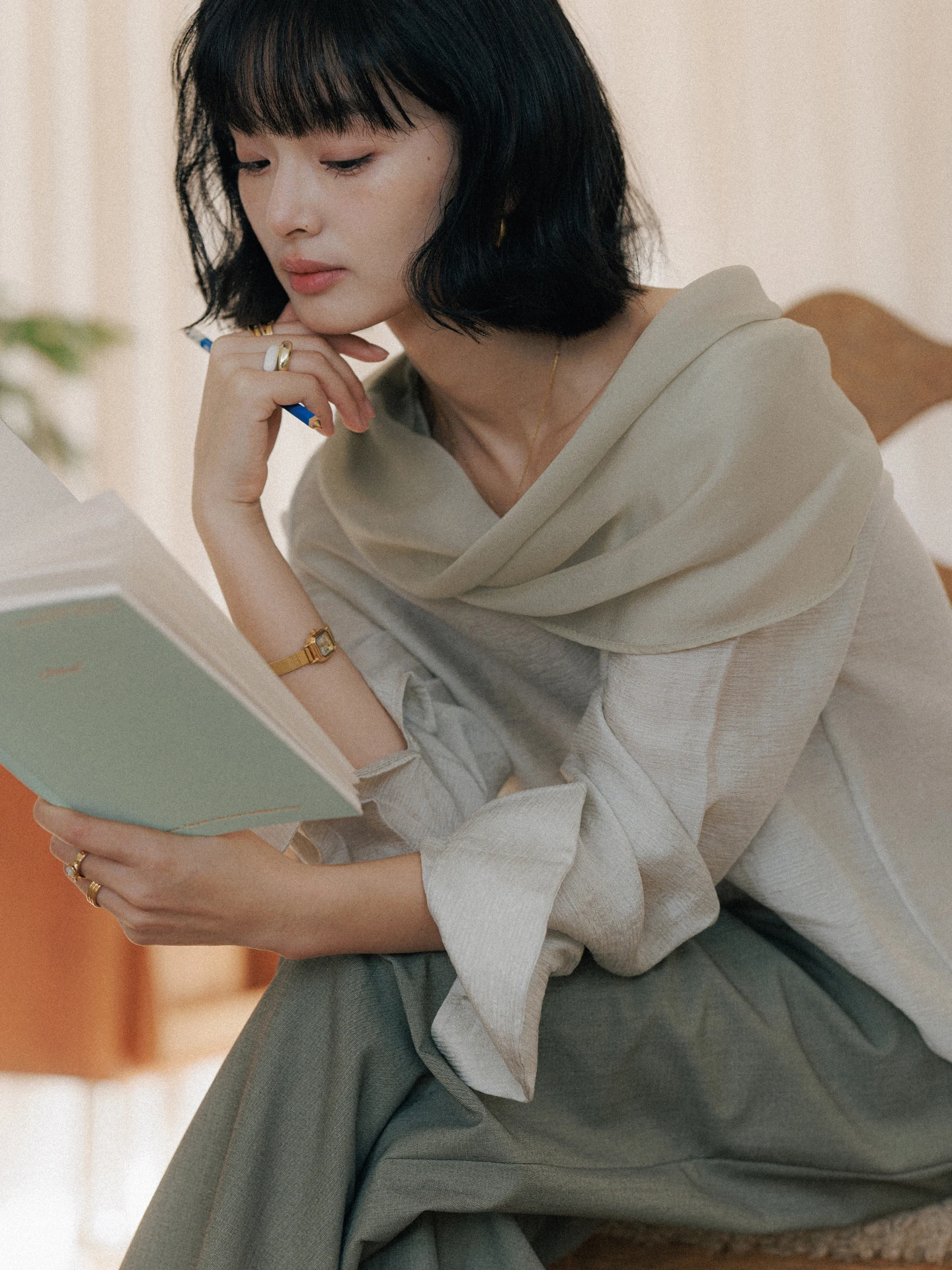 

Original Design Linen Long Sleeve Shirt with Sash French Style Straight Cut Net Detail Women's Summer Casual Shirt