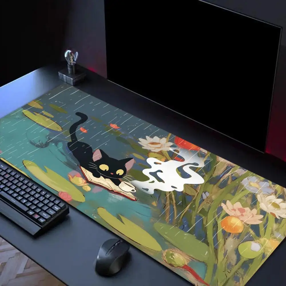 Alfombrilla de ratón con ilustraciones de gatos, alfombrilla grande para mesa de juegos de ordenador y oficina, alfombrillas de teclado con borde cosido antideslizante de goma XXL, alfombrillas largas para escritorio