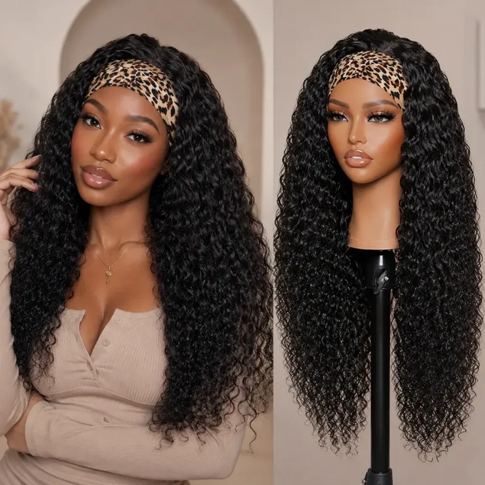 Headband Wig Synthetic Hair Deep Wave Curly Headband Wigs Human Hair For Black Women Machine Made 200% Density Drawstring Natural Color Half Head Wigs