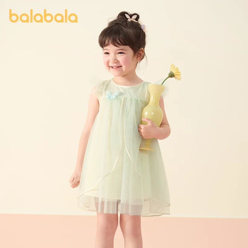 Balabala Children Dress Girls 2024 Summer New Collection Sweet Skirt Gradient Tulle Skirt Exquisite Embroidery