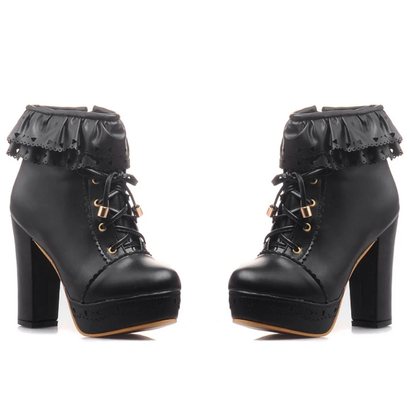 Autumn Winter Women\'s Ankle Boots Platform White Black Pink Sweet Short Boot Lace up Footwear Lolitas Shoes Girls Big Size 45