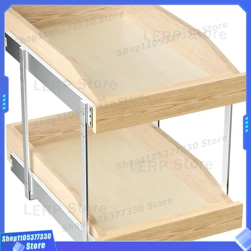 Solid Wood Two Layer Storage Rack Creative Sliding Cabinet Organizer Kitchen Double Tier Condiment Shelf Finishing Stand