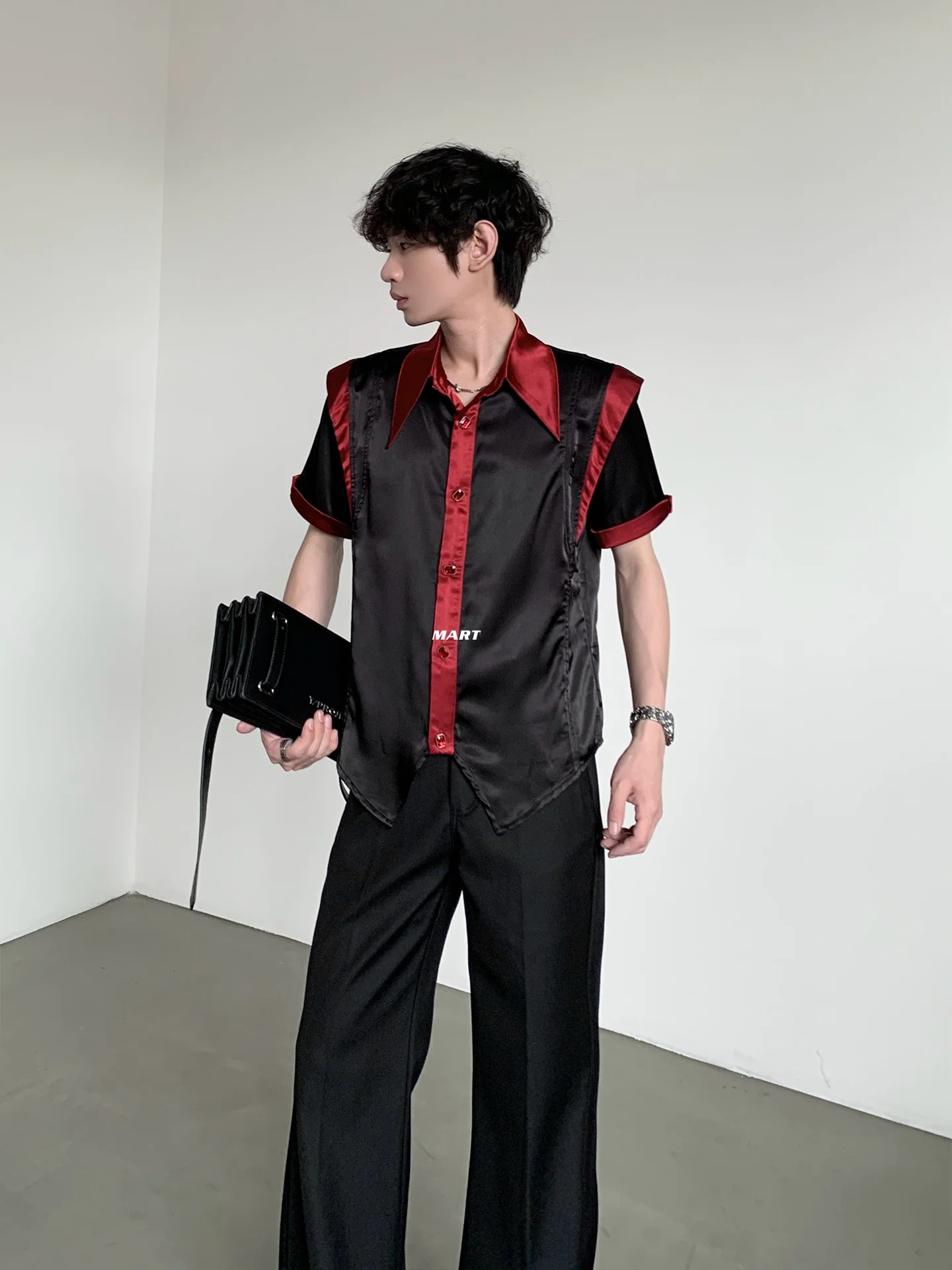 MARTHENAUT Men's Short Sleeve Shirt Collared Splice Color Contrast Fashionable Top Summer New Arrival Slim Fit Daily Wear
