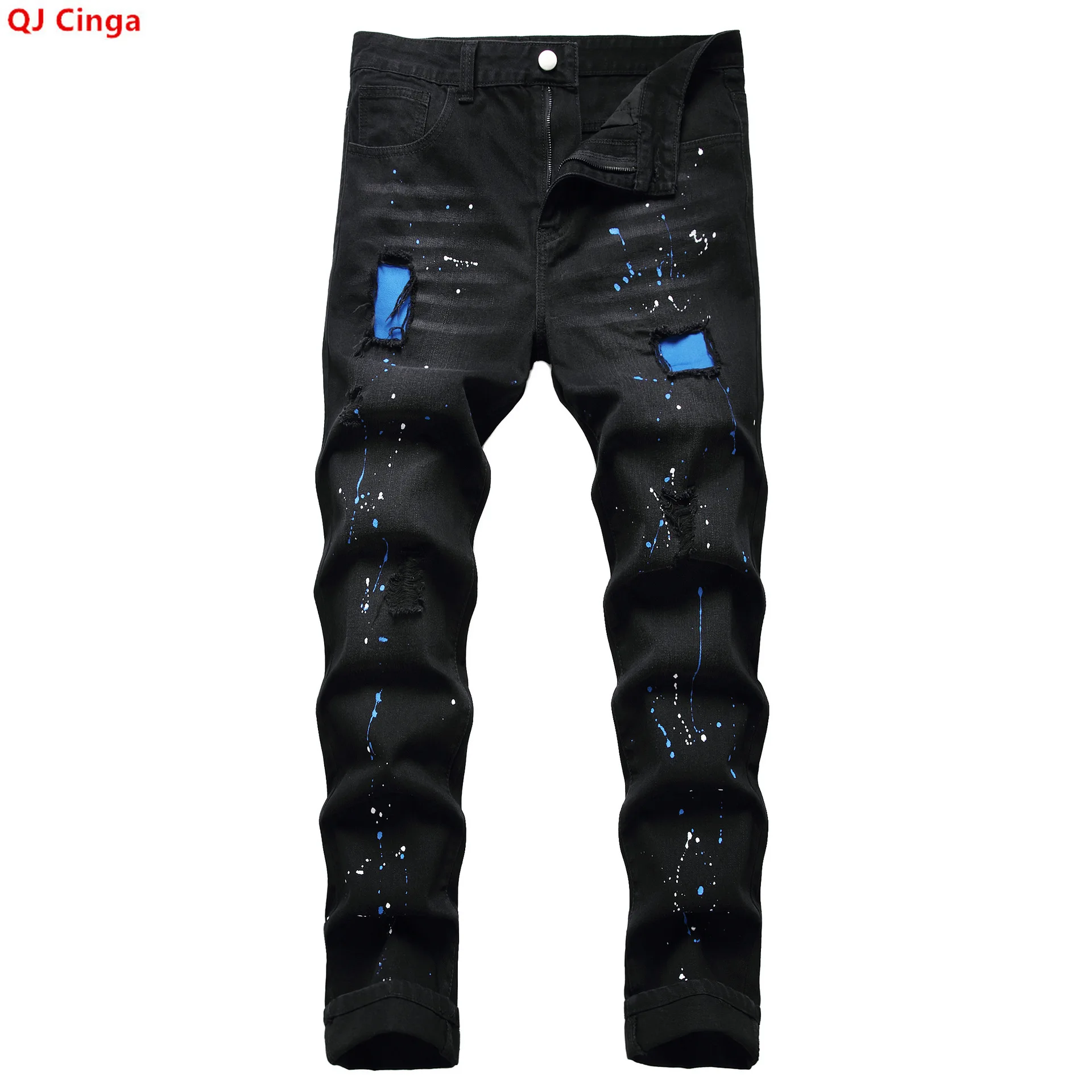New Fall Collection of Men's Black Jeans with Distressed Details, Made From Stretch Denim, in Asian Sizes.