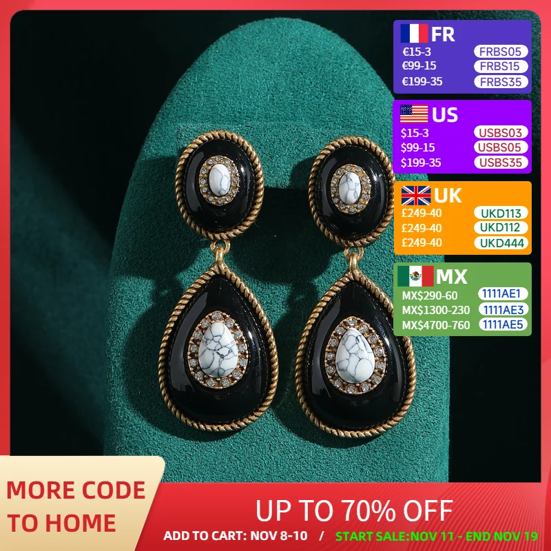 

Vintage Black Enamel Earrings Water Drop Retro Antique Gold Color Bohemia Jewelry Rhinestones For Woman Accessories Luxury 2025