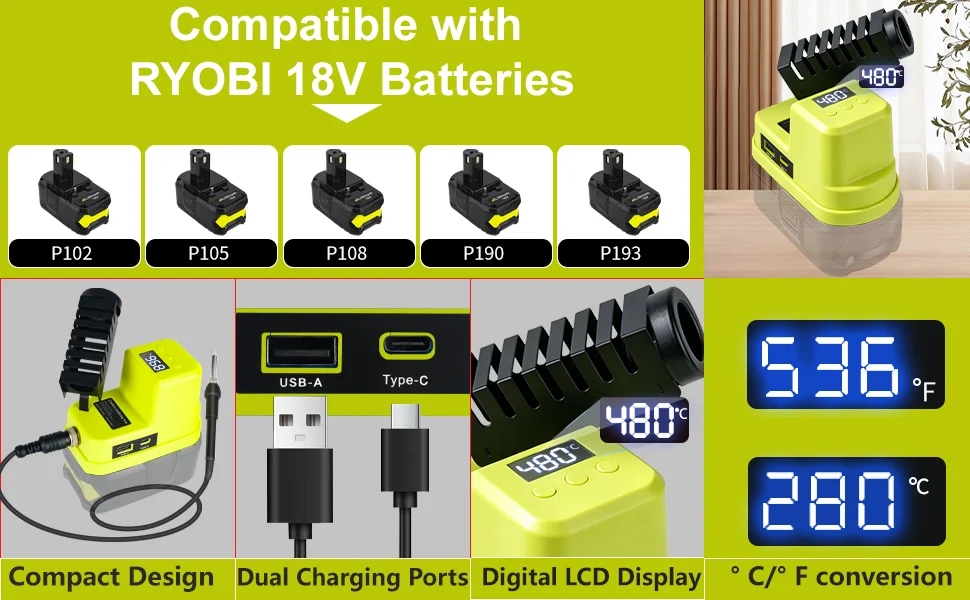 60W Kabellose Lötstation Kompatibel mit RYOBI 18V Akku, Tragbarer Elektrischer Lötkolben mit USB- und Typ-C-Anschlüssen – Detail 2