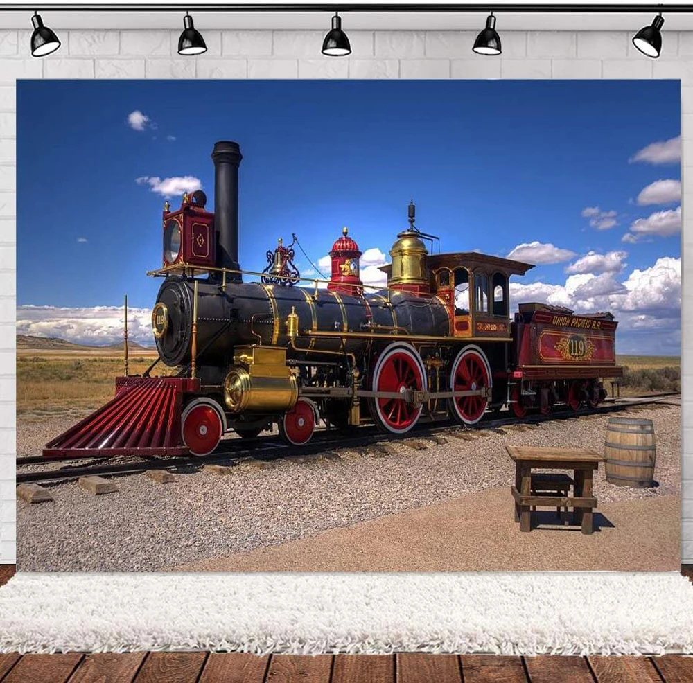 

Photography Backdrop Steam Train Vintage Railroad Tracks Railway Engine Locomotive For Adults Baby Portraits Party Decoration