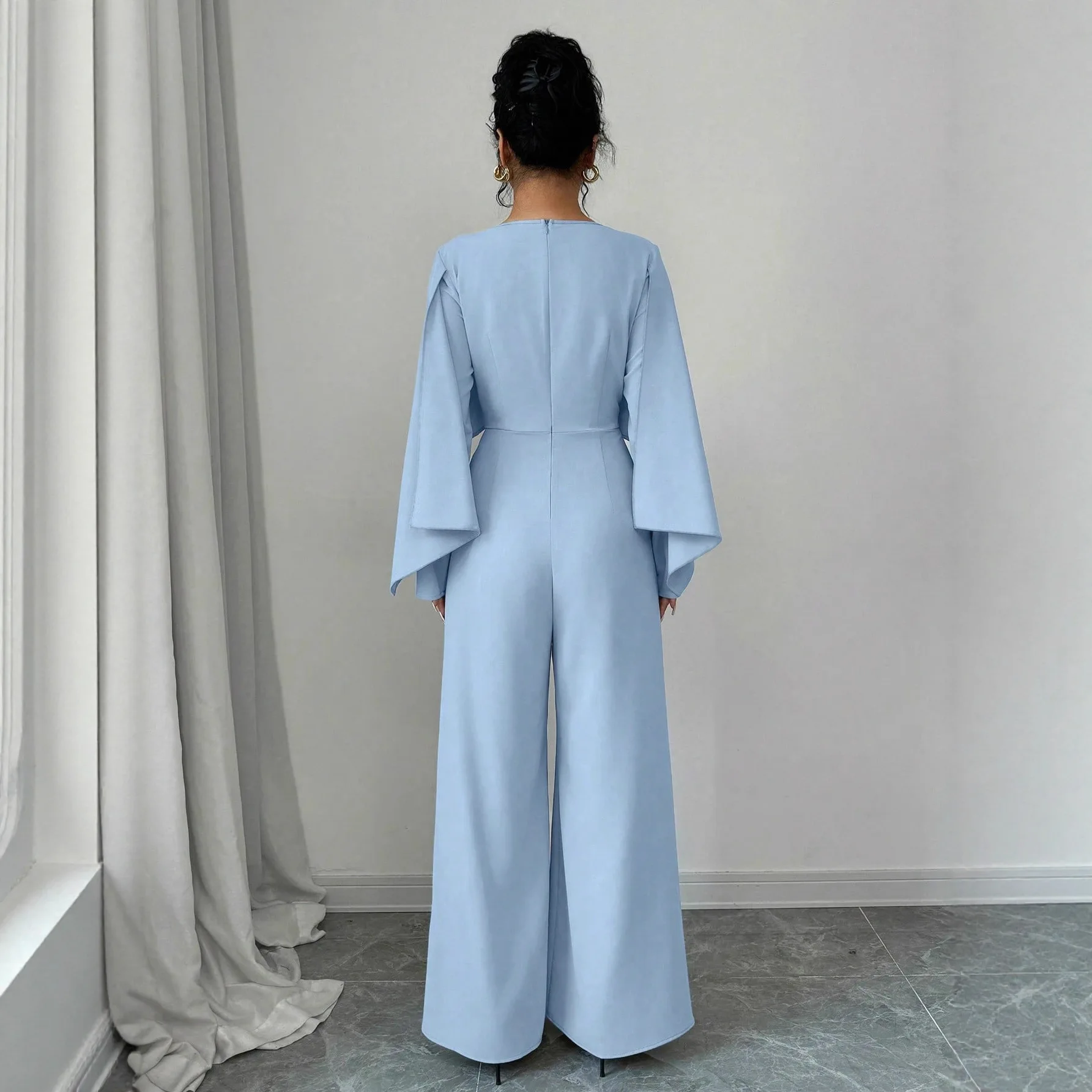 Elegant Women's One-Piece Suit High Waist Wide Leg Long Sleeve round Neck Pure Color Spring Autumn Fashion Comfortable Polyester